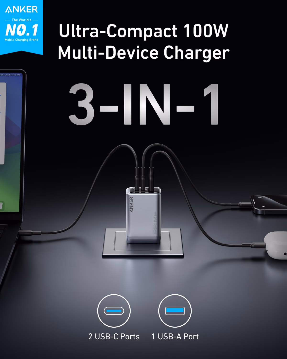 Anker Prime Charger (100W, 3 Ports, GaN) view 2